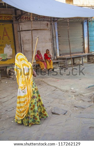 JODHPUR, INDIA - NOV. 23: Unidentified woman of fourt class in brightly colored sari cleans the Amber palace on Nov. 23,2012 in Jodhpur,India. They earn 300 IRP for two hours paid by the government.