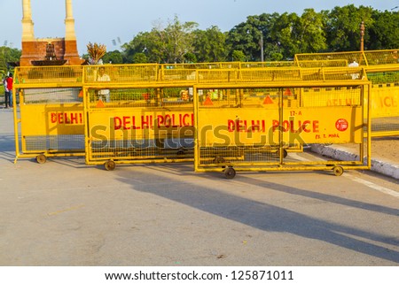 NEW DELHI - OCT 16:  barriers at the india gate ready for use by police on Oct 16, 2012 in Delhi, India. Barrieres are placed all over Delhi in case of demonstrations.