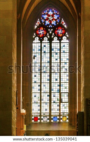 MAINZ, GERMANY - APRIL 14: beautiful colorful windows in the dome on April 14, 2013 in mainz, Germany. Starting in 1279 gothic chapels featuring large decorative windows were built onto the cathedral.
