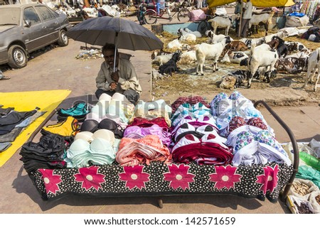 DELHI, INDIA - OCT 15: India man sells colorful bras at the market on October 15,2012 in New Delhi, India. The Jama mashid market is situated behind the mosque and in operation since the 18th century.