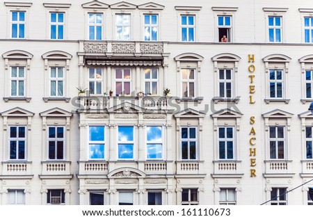 VIENNA, AUSTRIA - APRIL 25: facade of hotel Sacher on April 25, 2009 in Vienna, Austria.The Hotel Sacher  was established in 1876 by Eduard Sacher, son of the creator of the famous  Sacher-Torte.