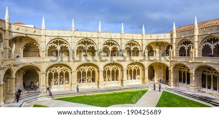 LISBON, PORTUGAL - DECEMBER 30: people visit Jeronimos Monastery Cloister on Dec 30, 2008 in Lisbon, Portugal. Jeronimos Monastery was completed in 1544 and is UNESCO World Heritage Site.