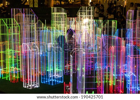 BANGKOK, THAILAND - MAY 6: light installations by night on May 6, 2009 in Bangkok, Thailand. The light installations are placed in Front of shopping mall Central World at Sukhumvit road.