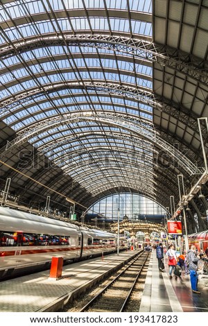 FRANKFURT, GERMANY - MAY 16, 2014: Inside the Frankfurt central station in Frankfurt, Germany. With about 350.000 passengers per day its the most frequented railway station in Germany.