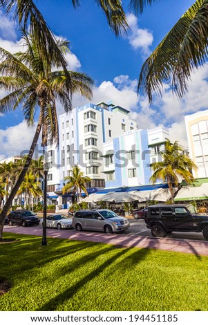 MIAMI BEACH, USA - JULY 31: midday view at Ocean drive on July 31,2010 in Miami Beach, USA. Art Deco architecture in South Beach is one of the main tourist attractions in Miami.