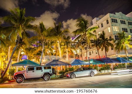 MIAMI, USA - August 2, 2010: people enjoy nightlife at Ocean drive in Miami, USA.  Art Deco Night-Life in South Beach is one of the main tourist attractions in Miami.