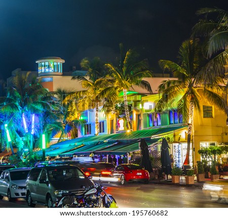 MIAMI, USA - August 2, 2010: people enjoy nightlife at Ocean drive in Miami, USA.  Art Deco Night-Life in South Beach is one of the main tourist attractions in Miami.