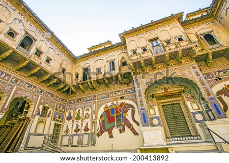MANDAWA, INDIA, OCT 25, 2012: beautiful old haveli in  Mandawa, India  The town referres as the open art gallery of Rajasthan because it is dotted with fascinating havelis with lavishly painted walls.