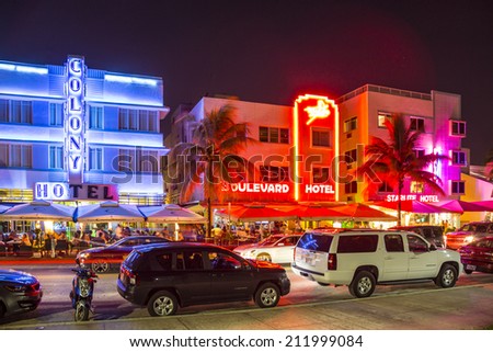 MIAMI, USA - AUG 19, 2014: Ocean drive buildings in Art deco style in Miami, USA. Art Deco district architecture is one of the main tourist attractions in Miami.