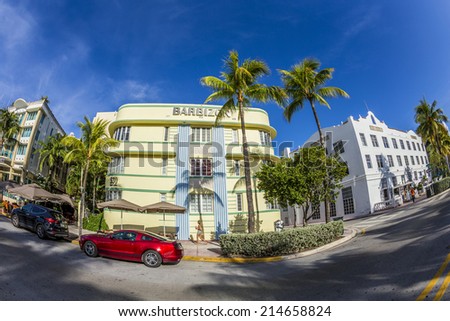 MIAMI, USA - AUG 20, 2014:  view at Ocean drive to Hotel Barbizon in Miami, USA.  The Barbizon is located at 530 Ocean Drive in the world famous Art Deco District.