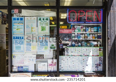 San Francisco, USA - JULY 24, 2008:  medicine  and ads in a pharmacy in china town in San Francisco, USA. San Francisco is the biggest chinese City outside of China.