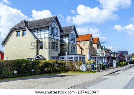 ZEMPIN, GERMANY - APRIL 13, 2014: quiet beach street with restaurants in Zempin, Germany. The tourist  season starts in Zempin end of April.