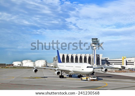 FRANKFURT, GERMANY - AUG 25, 2010: aircraft on apron of Rhein Main Airport in Frankfurt, Germany. Frankfurt is teh biggest airport in Germany by passengers and cargo.