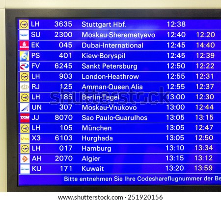 FRANKFURT, GERMANY - FEB  1, 2015: panel with arriving flights and actual status at Rhein Main Airport  in Frankfurt, Germany. Rhein Main Airport is the biggest Airport in Germany and open 24 7.