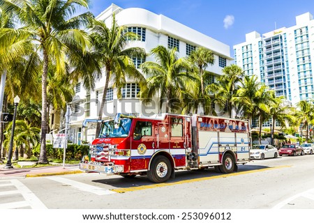 MIAMI, USA - AUG 1, 2013: fire brigade on duty in South Beach in Miami, USA. They are responsible for Fire Suppression,fire plans medical incidents, Fire and ocean rescue and 29 lifeguard towers.