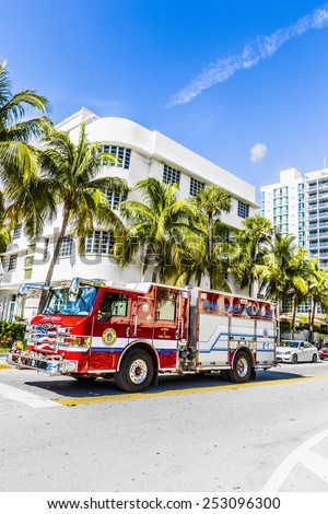 MIAMI, USA - AUG 1, 2013: fire brigade on duty in South Beach in Miami, USA. They are responsible for Fire Suppression,fire plans medical incidents, Fire and ocean rescue and 29 lifeguard towers.