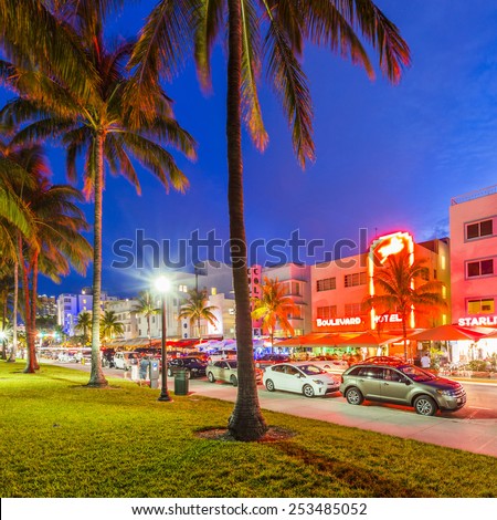 MIAMI, USA AUG 3, 2013: Night view at Ocean drive in Miami, USA. Art Deco Night-Life in South Beach at ocean drive is one of the main tourist attractions in Miami.