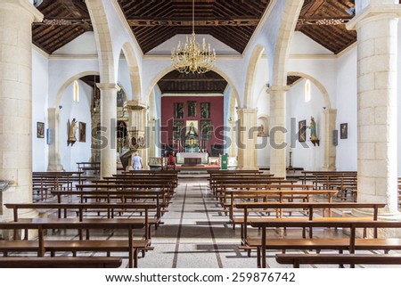 LA OLIVA, SPAIN - NOV 19, 2014: famous Church Fuerteventura in La Oliva, Spain.  Highlights inside the church is the mudejar ceiling, and a large painting of The Last Judgment.