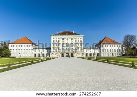 MUNICH, GERMANY - APR 20, 2015: people at Nymphenburg Palace, the summer residence of the Bavarian kings, in Munich, Germany. This palace welcomes 300,000 visitors per year.