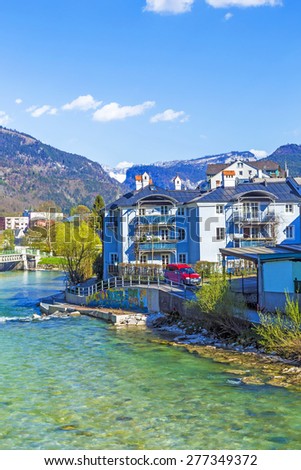 BAD ISCHL, AUSTRIA - APR 21, 2015: old city  at traun river in Bad Ischl, Austria. A settlement area since the Hallstatt culture Bad Ischl was first mentioned in a 1262 deed as Iselen