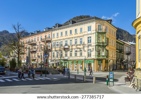 BAD ISCHL, AUSTRIA - APR 21, 2015: old city  at traun river in Bad Ischl, Austria. A settlement area since the Hallstatt culture Bad Ischl was first mentioned in a 1262 deed as Iselen.