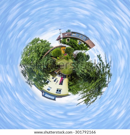 family house with garden and trees in planet perspective