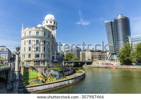 VIENNA, AUSTRIA - APR 25 2015: Urania in Vienna. Urania is a public educational institute and observatory  built according to the plans of Art Nouveau style architect Max Fabiani in 1910.