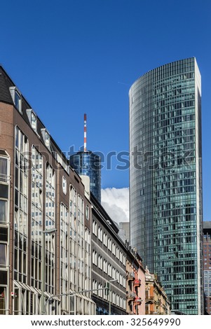 FRANKFURT, GERMANY- MAR 25, 2015: Frankfurt am Main downtown street view in Frankfurt, Germany. It\'s the largest city in the German state of Hessen and the fifth-largest city in Germany