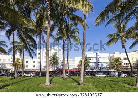 MIAMI, USA - AUG 20, 2014: The famous Ocean Drive Avenue in Miami Beach, USA. Ocean drive is the main touristic spot in Miami Beach.