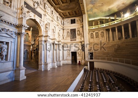 Theatro Olympico, Vicenca, famous cealing paintings and sculpures of the first historic  indoor theater in Europe