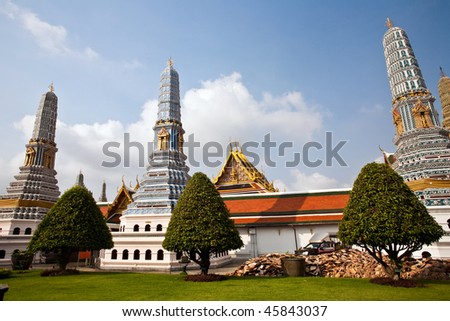 famous Prangs in the Grand Palace in Bangkok in the temple area of the emerald buddha