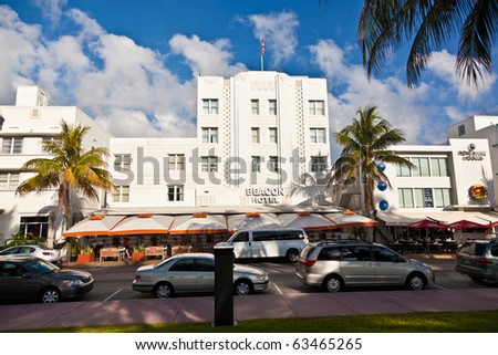 MIAMI BEACH, USA - AUGUST 02: midday view at Ocean drive on August 02,2010 in Miami Beach, Florida. Art Deco architecture in South Beach is one of the main tourist attractions in Miami.