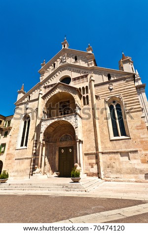 The facade of the catholic middle ages romanic cathedral  in Verona, the city of Romeo and Juliet, Italy