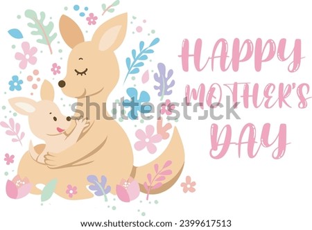 The theme of this card design is Mother’s Day. Mother's day concept illustration. Beautiful sticker of mother's day 22 December. Kangoroo hugging her baby with flowers and leaves. Vector images.