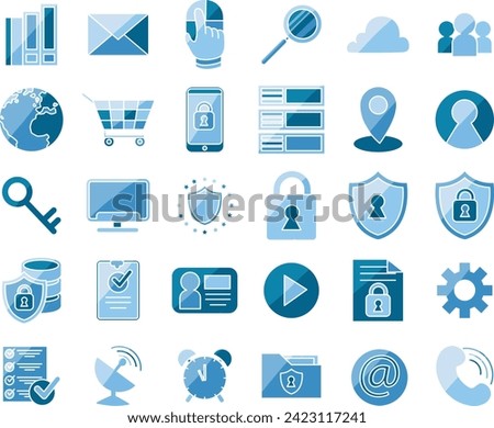 Data protection icon sheet with blue color. Code programming icon stock vector. Set of black isolated white background. Tool bar line icons. Set of digital content. Cyber security and data protection.