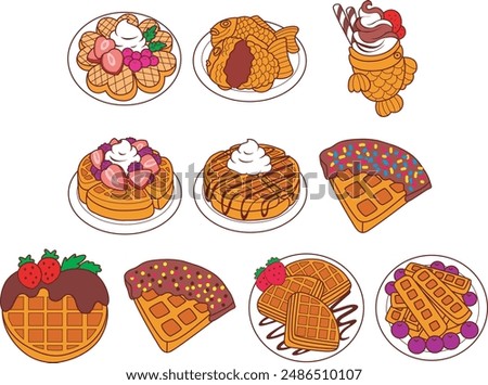 Doodle art of cute waffle with fruit and cream.
Illustration of waffle sweet dessert yummy food.