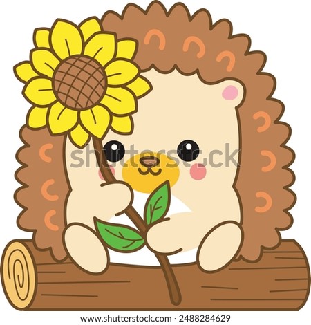 Japanese diary kawaii cute hedgehog illustrations.
Sticker of funny hedgehog clip art.
Hedgehog bought a beautiful sunflower.