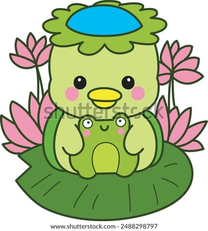 
Kawaii japanese mythology Kappa sticker cute.
Cute kappa mascot ghost japanese.
Kappa hugging a frog in the middle of lotus flowers.