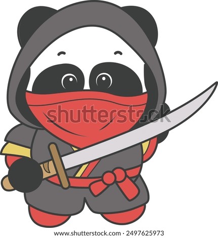 
Illustration of cute panda costume icon.
Funny panda in outfit costume stickers.
A cute panda wearing ninja warrior costume with mask and sword