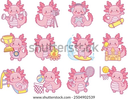 Illustration of cute axolotl activities icon.
Funny pink axolotl in daily routine stickers.
A pink axolotl in twelve daily lifes