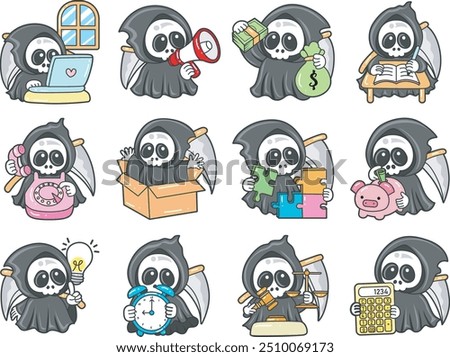 Illustration of cute skull ghost icon.
Funny skull ghost in activities stickers.
Angel of death cute elements.
Scream in the any variations
