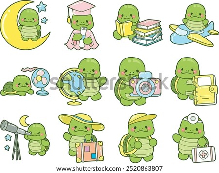 Kawaii turtle daily life sticker cute.
Cute turtle mascot illustrations.
Variation of turtle in daily life action