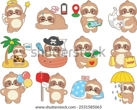 Cute sloth vector icon. Funny baby sloth animal series stock illustration. Slow life of fluffy sloth designs.
Variation summer time of cute sloth