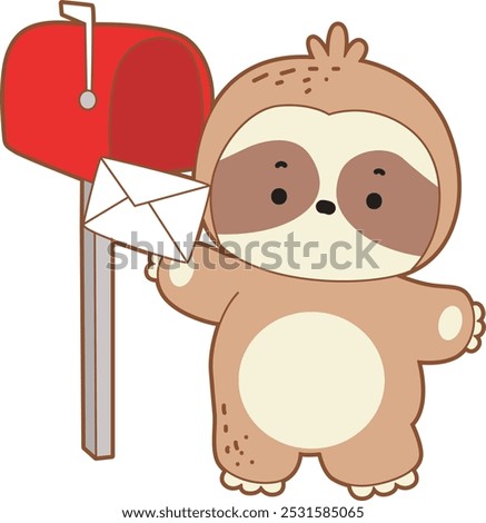 Cute sloth vector icon. Funny baby sloth animal series stock illustration. Slow life of fluffy sloth designs.
A sloth want to send messages by mail box