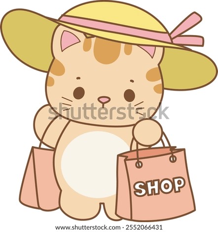 Illustration of cute kitty icon.
Funny cat in daily activities elements.
Cat bring a shopping bag