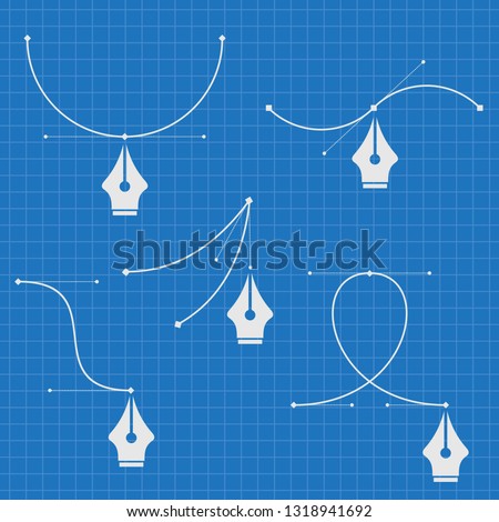 Set of Pen tool cursors and curve control points. Blueprint. Vector illustration 