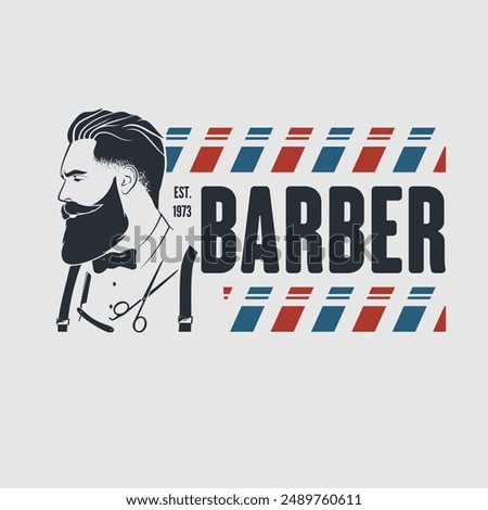 Barbershop logo, poster or banner design concept with barber pole and bearded men. Vector illustration