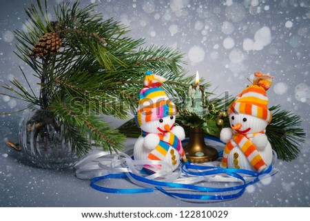 Christmas gift, copy space, snowmen, baubles, candles and trees on white background. Nativity Scene Christmas Ornament. Happy new year!