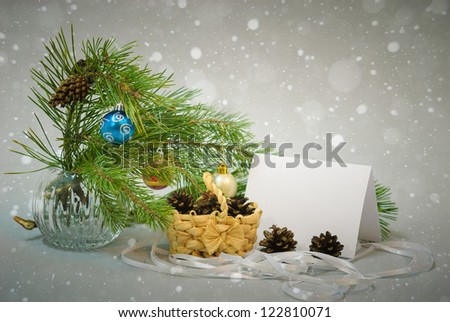 Christmas gift, copy space, snowmen, baubles, candles and trees on white background. Nativity Scene Christmas Ornament. Happy new year!