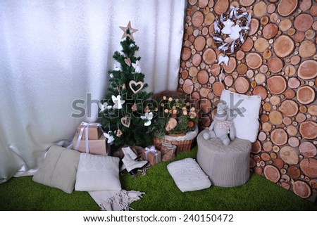 Daily interior decked out with Christmas tree. Christmas interior.  Christmas presents